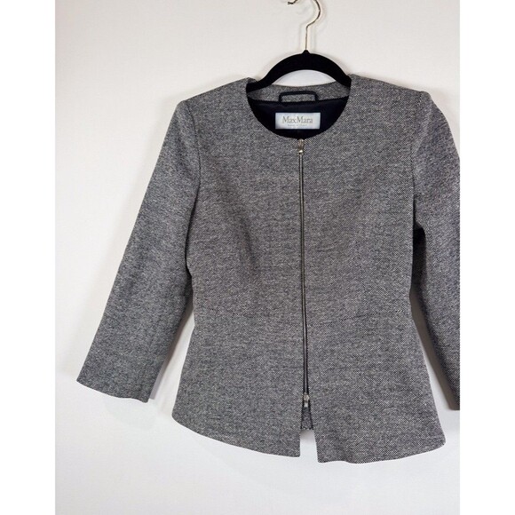 Max Mara Women Blazer Gray Tweed Full Zip Virgin Wool Silk Italian Jacket Size 2 - Picture 8 of 11